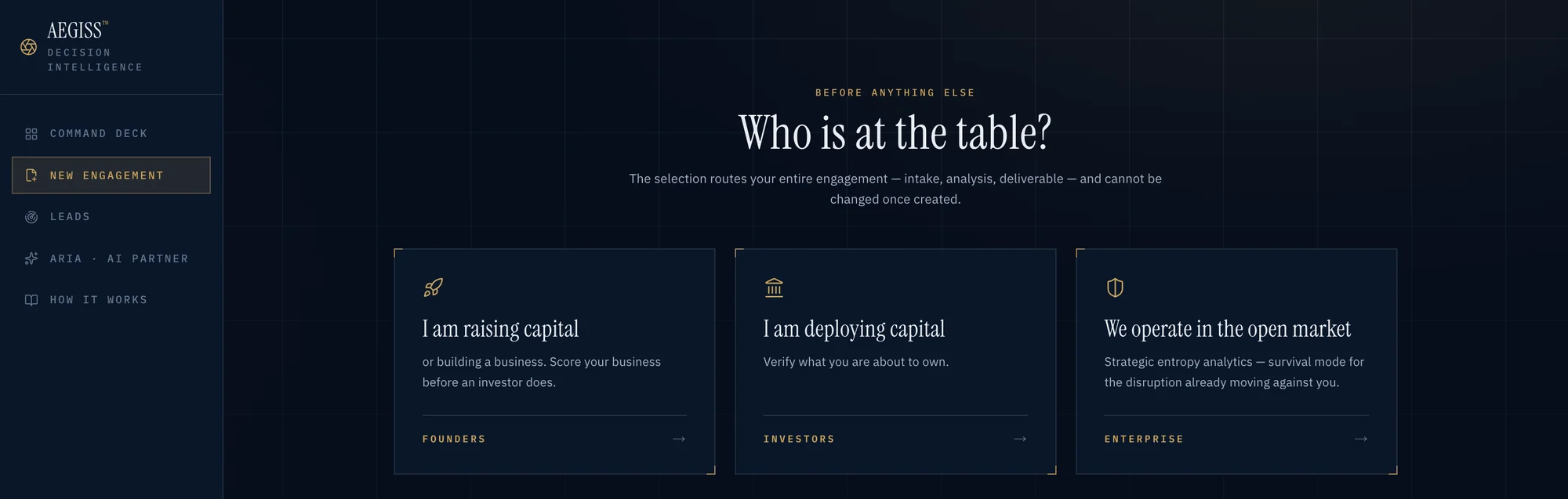 AEGISS intake screen asking who is at the table: raising capital, deploying capital or operating in the open market