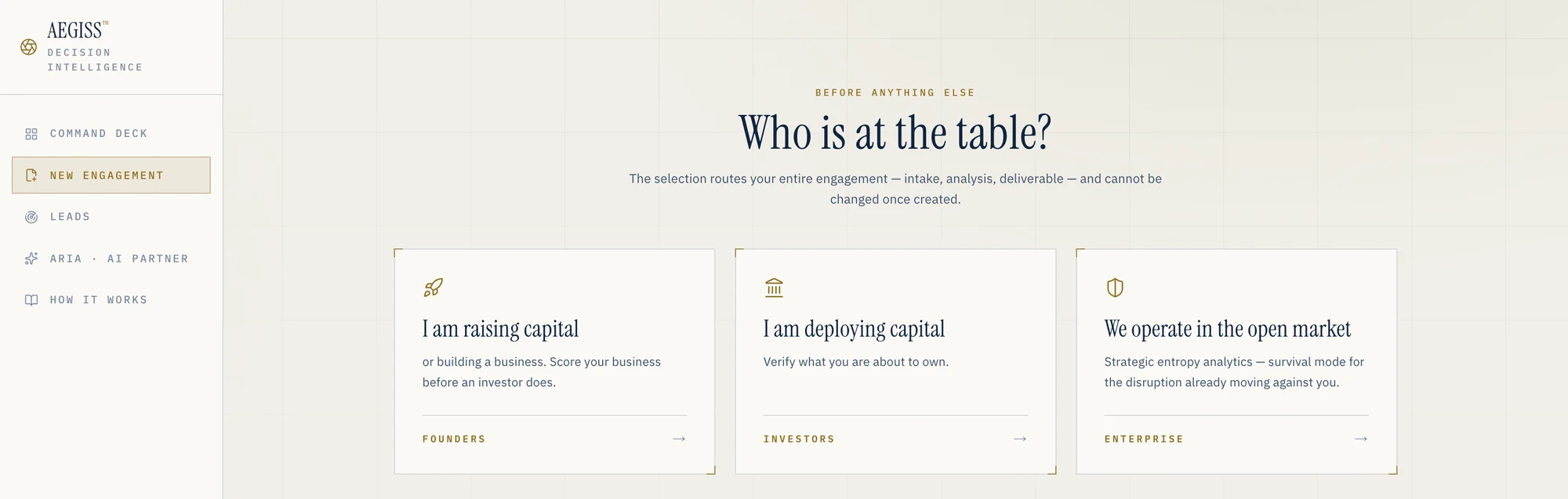 AEGISS intake screen asking who is at the table: raising capital, deploying capital or operating in the open market