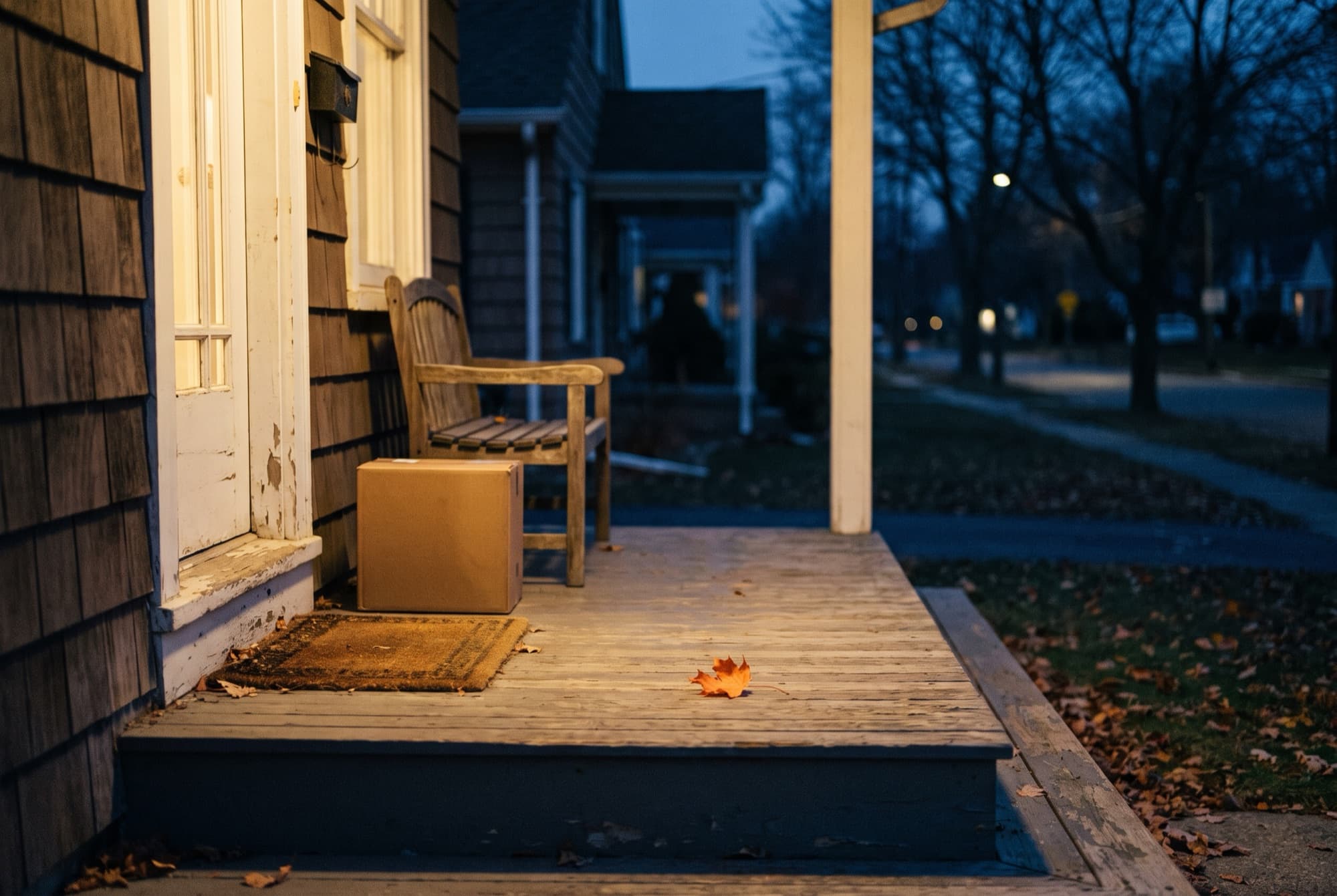 A plain cardboard parcel on the front porch of a suburban American house at dusk in late autumn