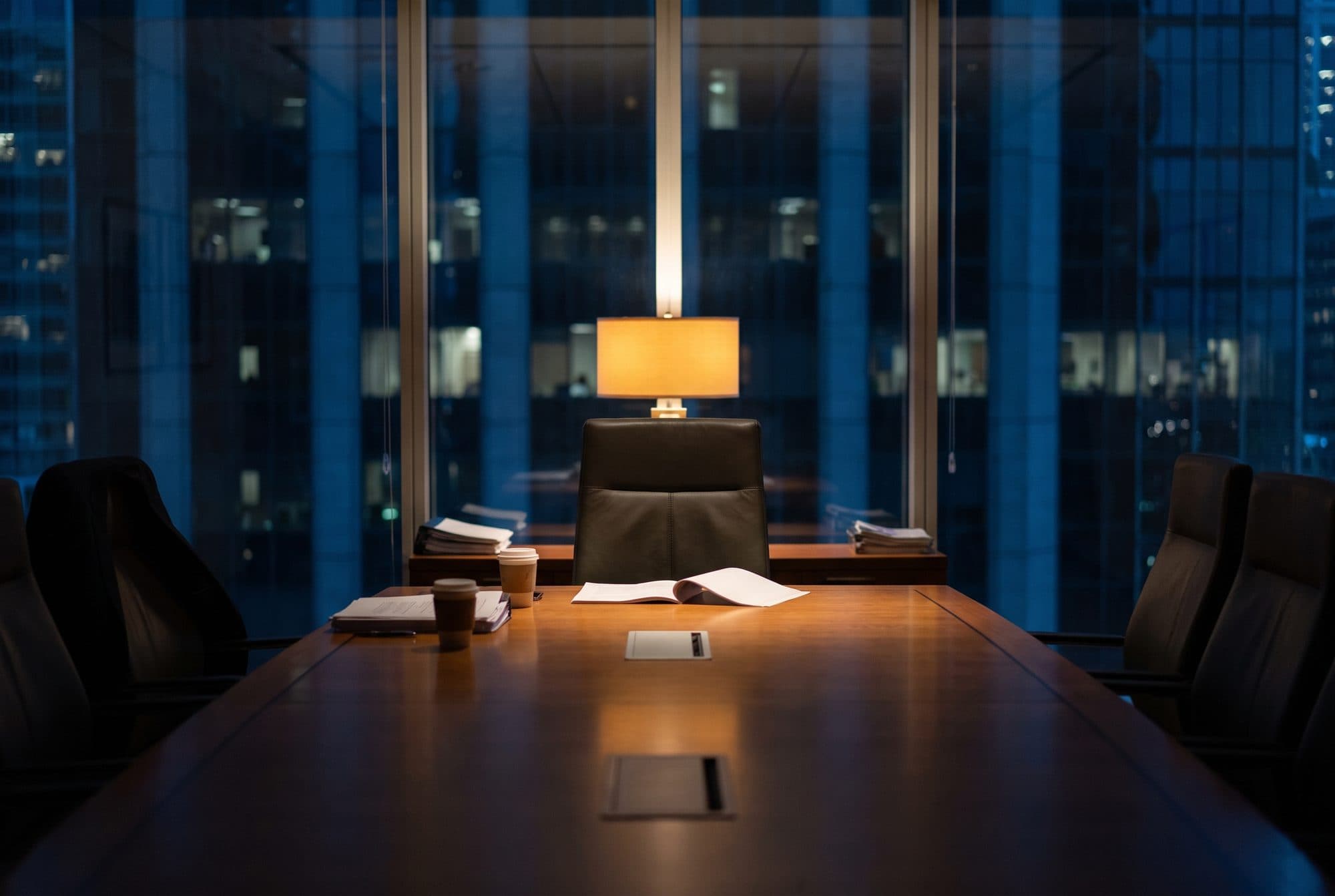 A long boardroom table at night seen from the far end, papers pushed aside, one report open in front of the head chair