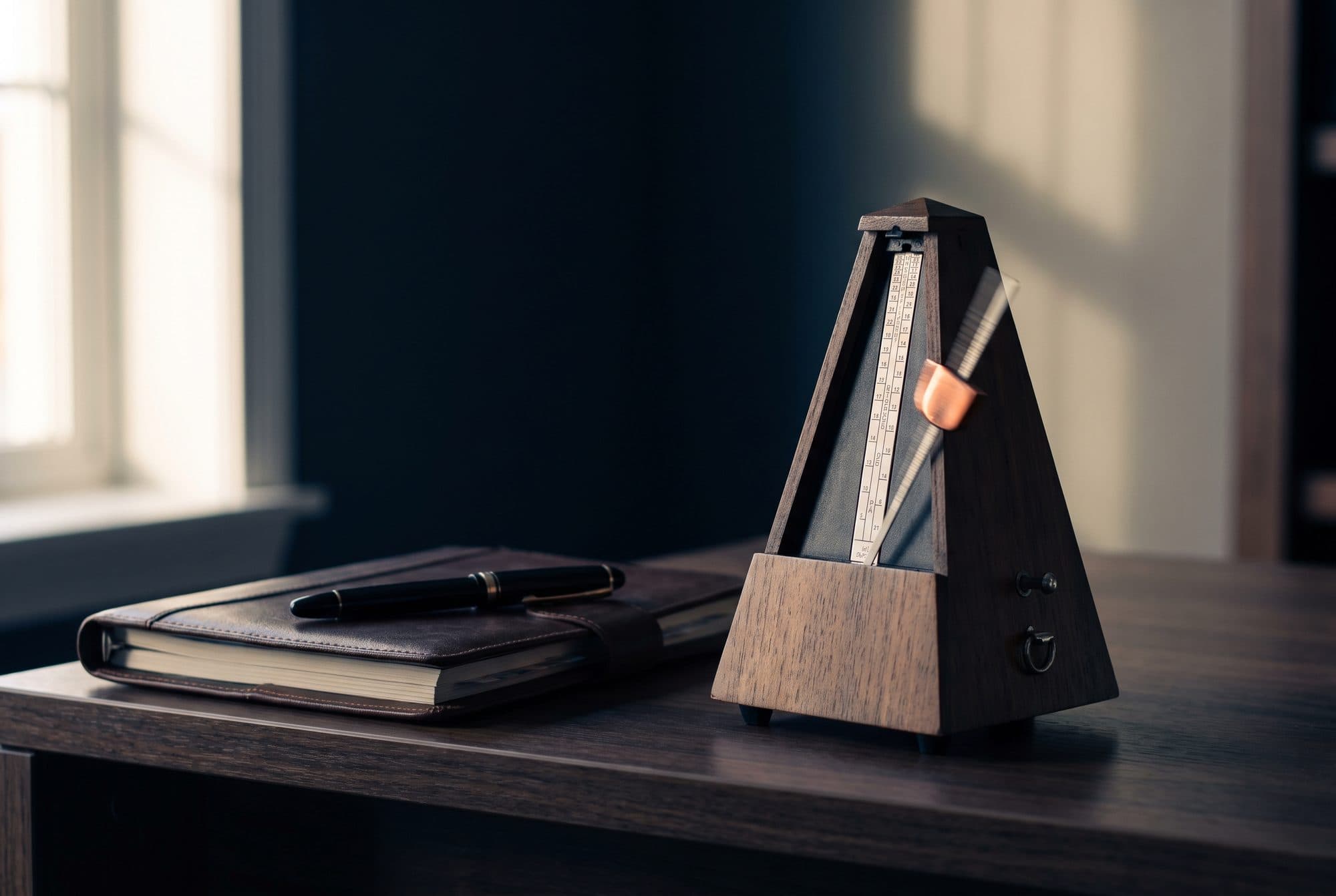 A wooden metronome mid-swing on a dark desk beside a closed planner and a fountain pen, in early morning light