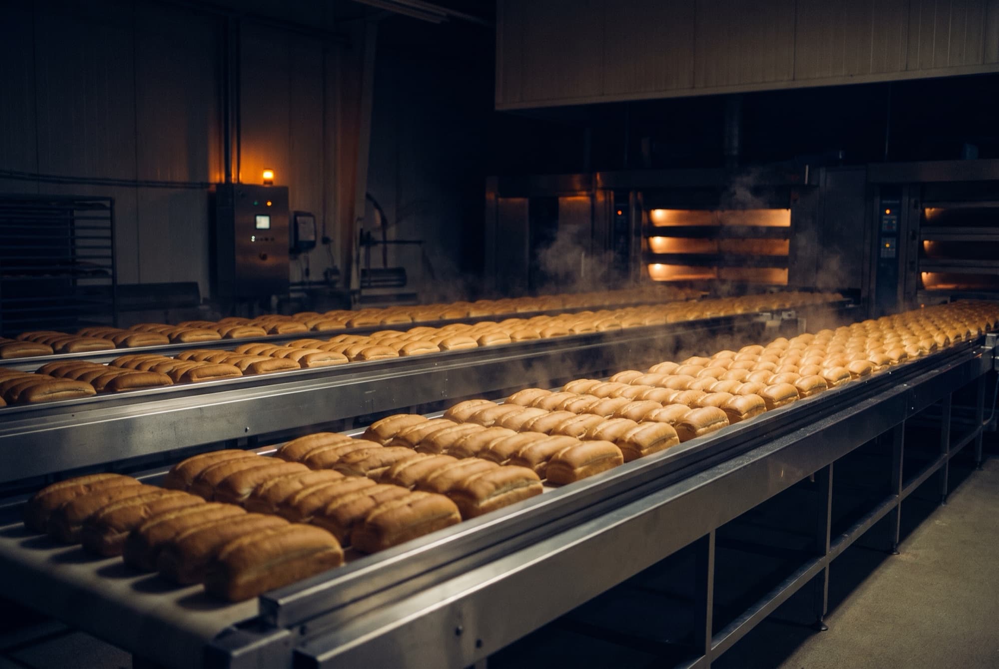 Rows of freshly baked loaves of sandwich bread moving along stainless-steel conveyors in a large industrial bakery at night