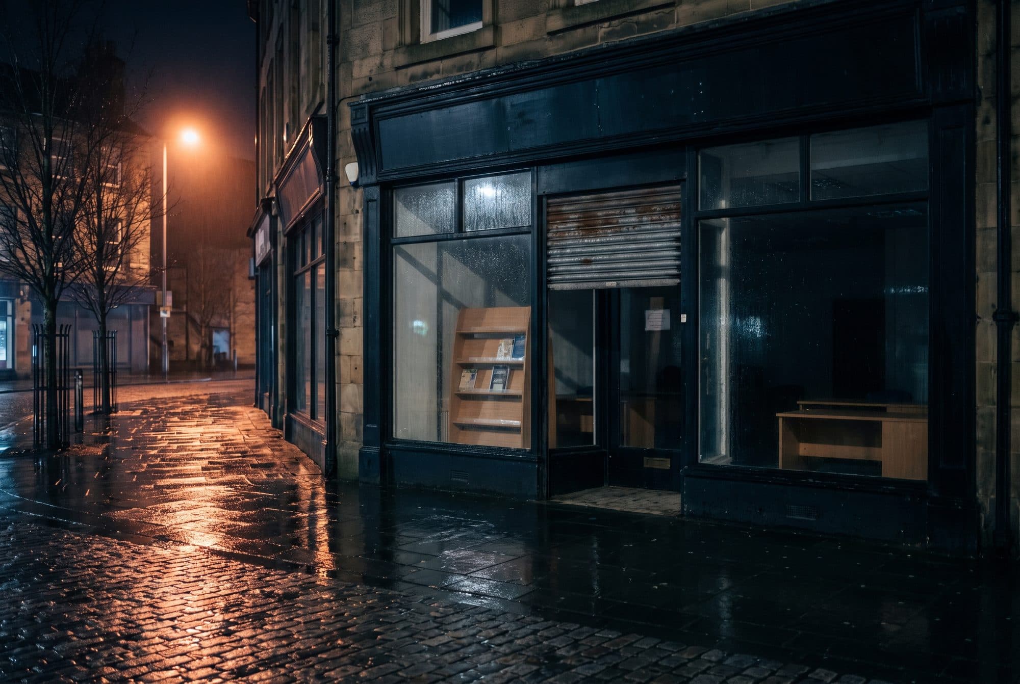 A closed high-street travel shop on a wet town street at night, empty brochure racks behind the glass and a half-lowered shutter