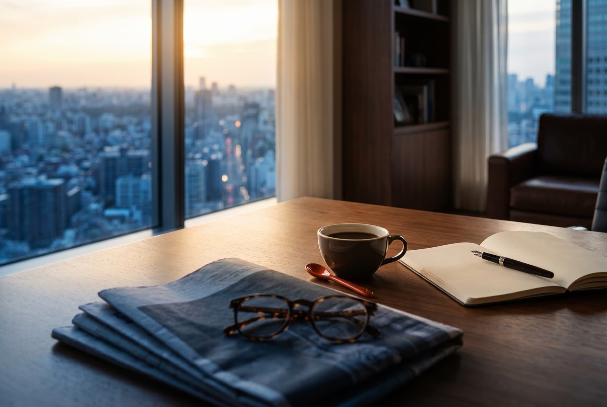 A walnut desk at dawn with a folded newspaper, reading glasses, a cup of coffee and an open notebook, a city skyline outside the window