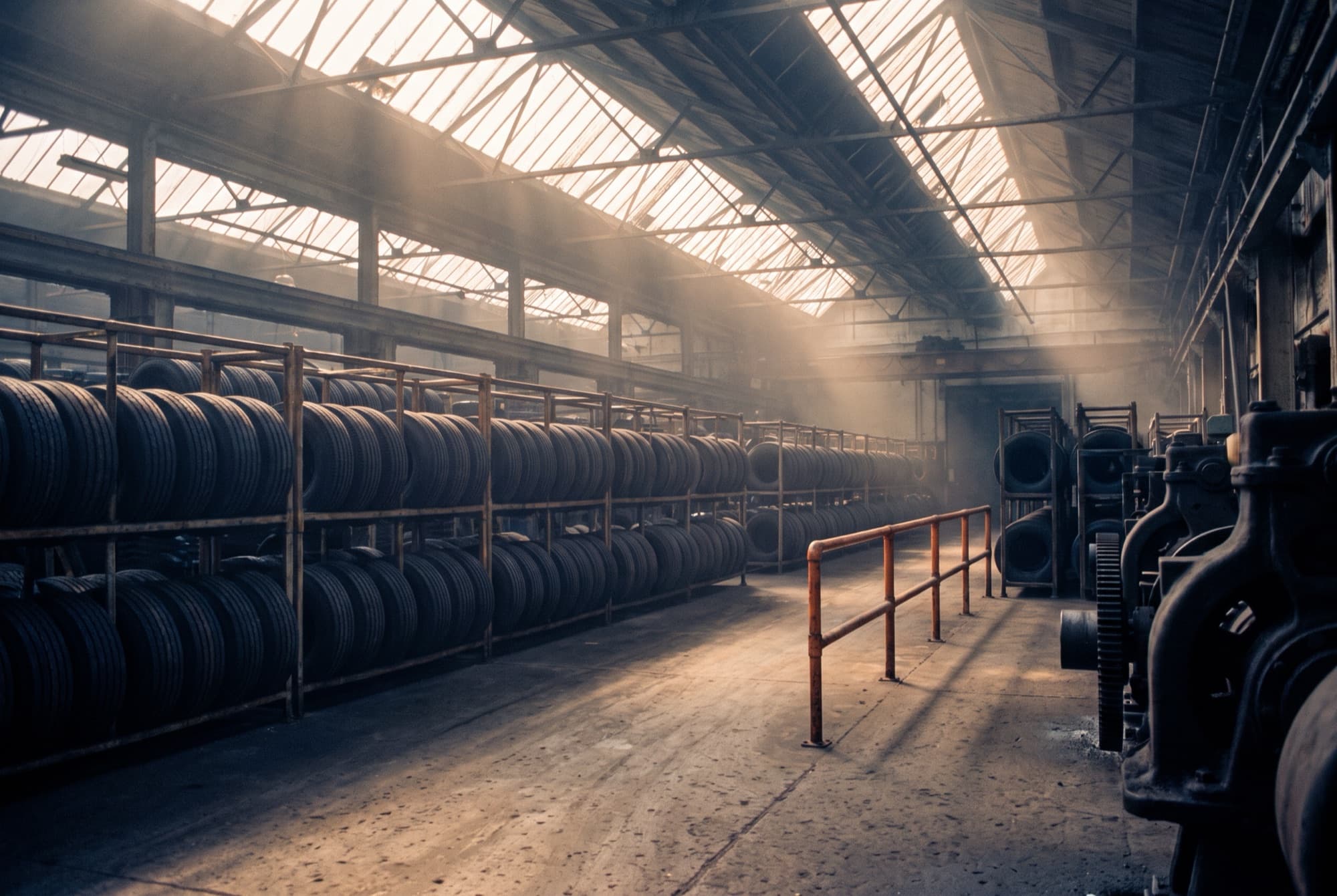 Rows of stacked black tires in an old brick factory under a skylight roof, morning light cutting through dust